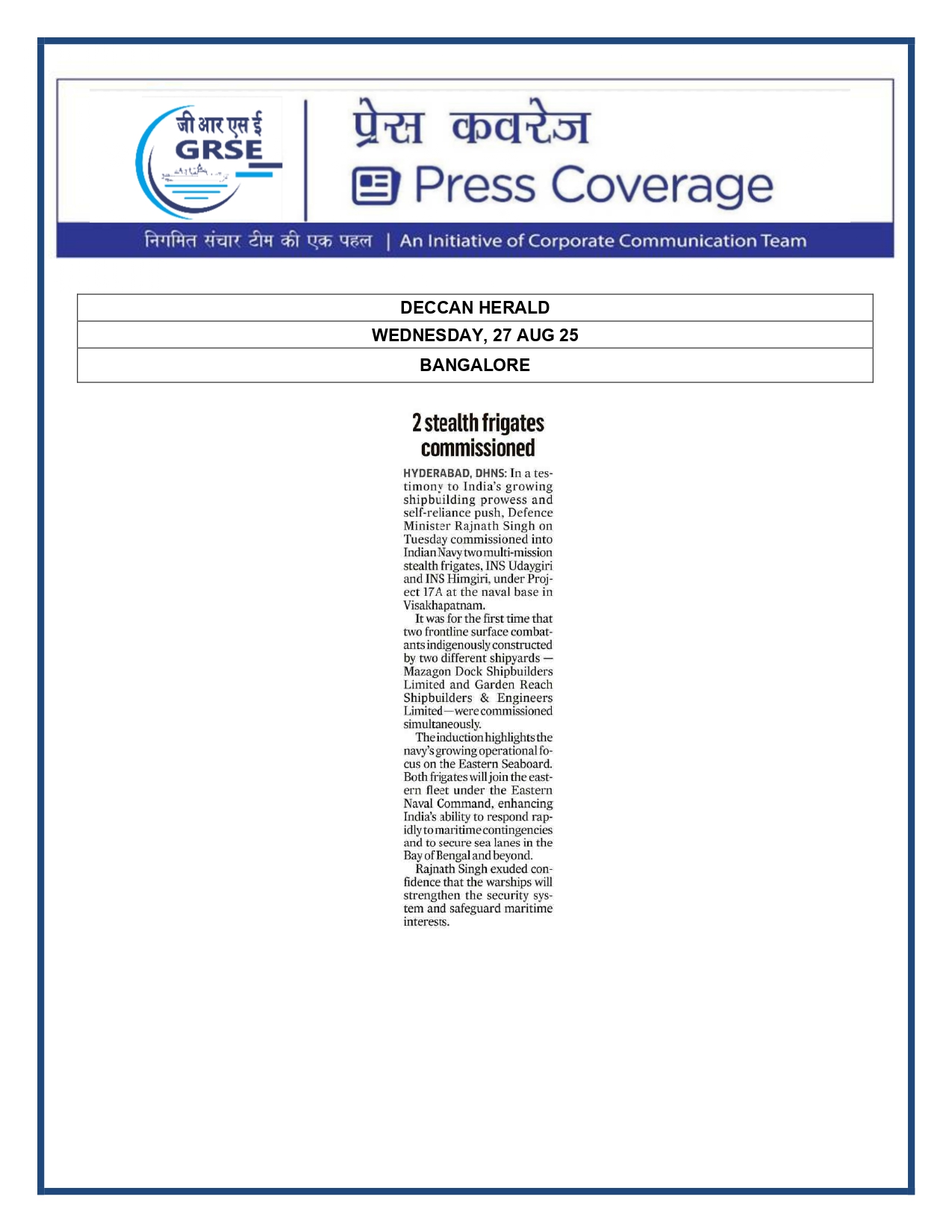 Press Coverage : 27 Aug 25:India will build its own warships,import no more:Rajnath